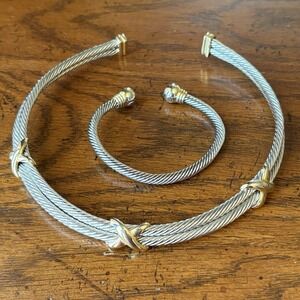 VTG Cable Necklace & Bracelet Set Silver Tone Gold Accents Open Cuff Statement